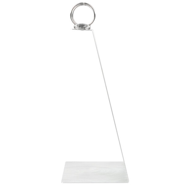 A Menu Solutions Alumitique aluminum menu tent with a swirl finish and top rings.