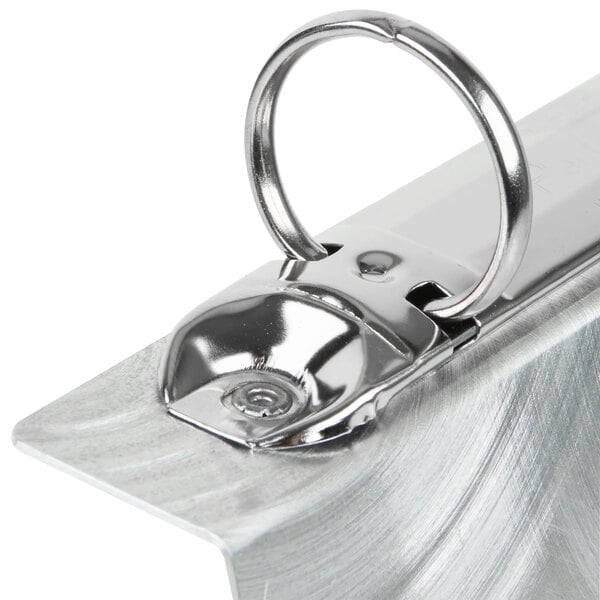 An aluminum menu tent with a swirl design and top rings.