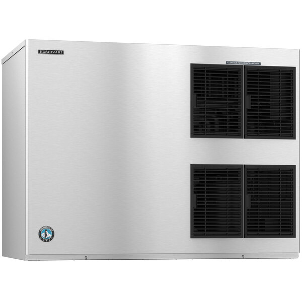 A stainless steel Hoshizaki air cooled ice machine with black vents.