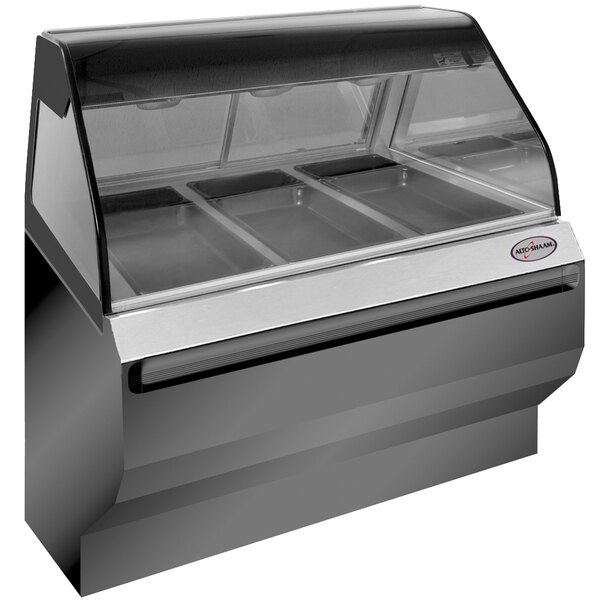 An Alto-Shaam stainless steel heated display case with curved glass on a counter.