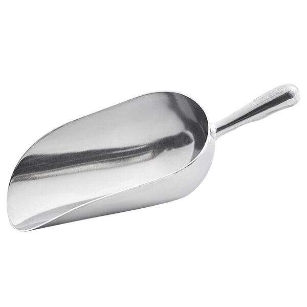 A silver scoop with a handle.