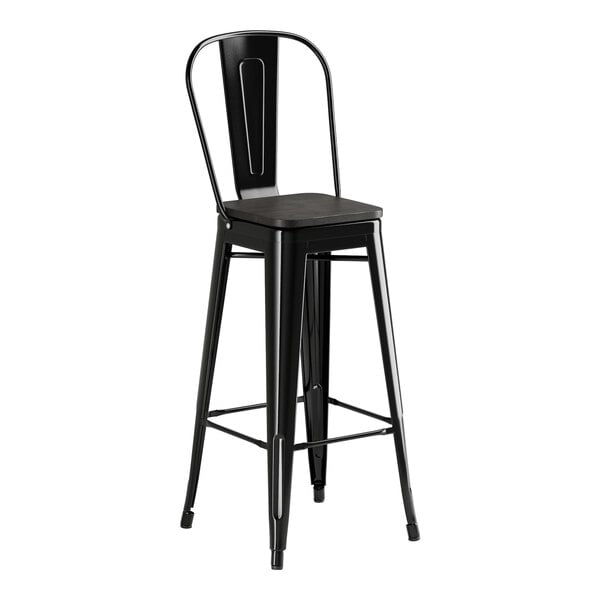 A Lancaster Table & Seating black metal barstool with a black wood seat.