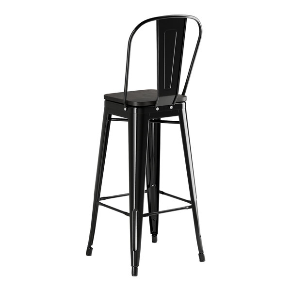 A Lancaster Table & Seating black metal cafe barstool with a black wood seat.