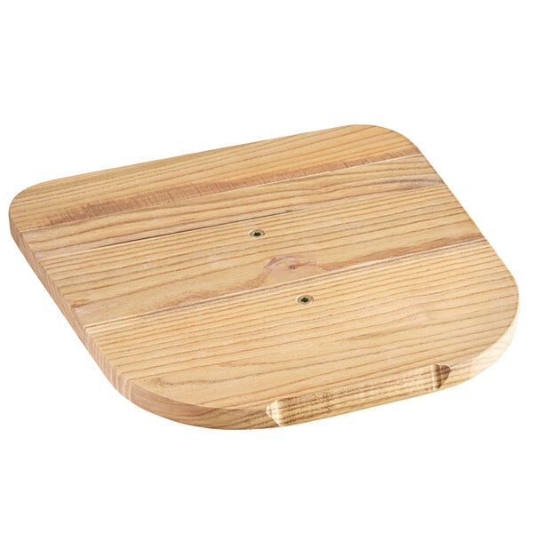 A Lancaster Table & Seating white indoor cafe chair with a natural wood seat on a wooden surface with screws.