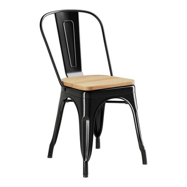 A Lancaster Table & Seating black metal chair with a natural wood seat.