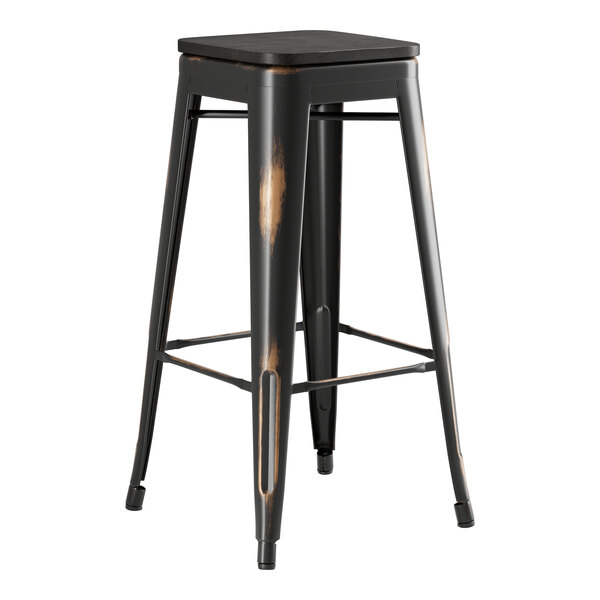 A Lancaster Table & Seating black metal barstool with black wood seat.