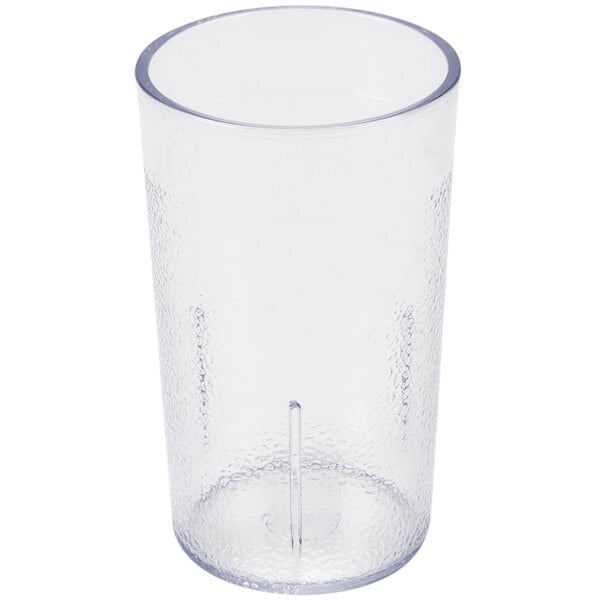 A clear, textured plastic tumbler with a cylindrical shape and slightly thickened rim.
