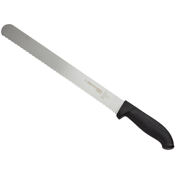 A Dexter-Russell SofGrip scalloped meat slicing knife with a black handle and silver blade.