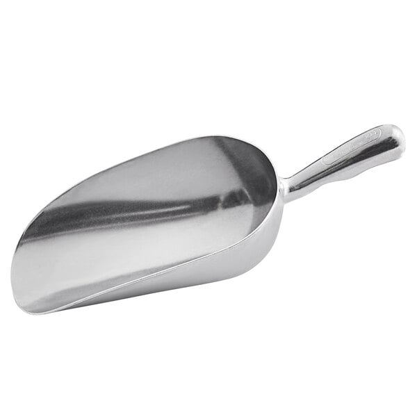 A close-up of a silver Vollrath cast aluminum ice scoop.