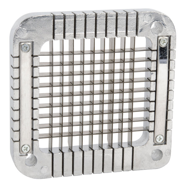 A metal square blade with many small holes.