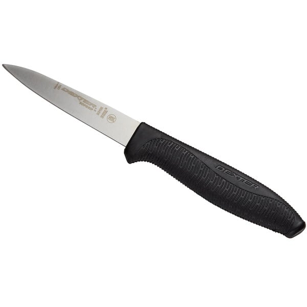 A Dexter-Russell SofGrip paring knife with a black handle.