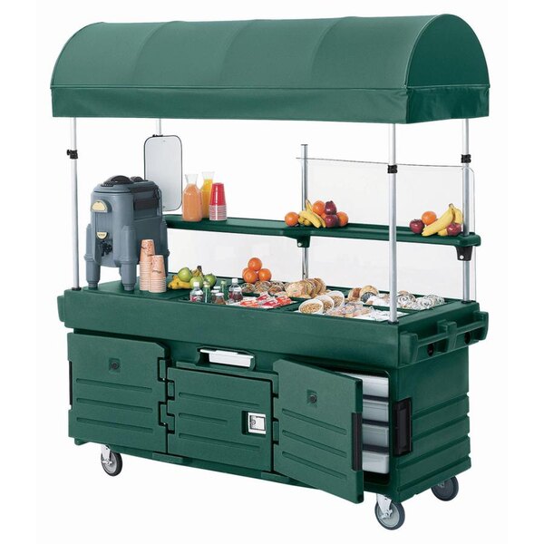 A green Cambro CamKiosk vending cart with a canopy over 6 pan wells.