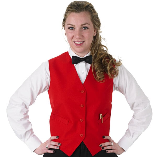 A woman in a Henry Segal red vest and black bow tie.