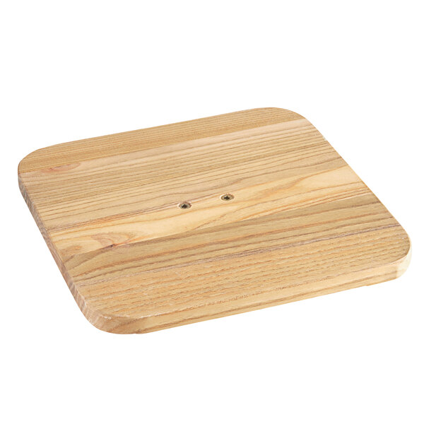 A Lancaster Table & Seating backless counter height stool with a natural wood seat and holes in it.