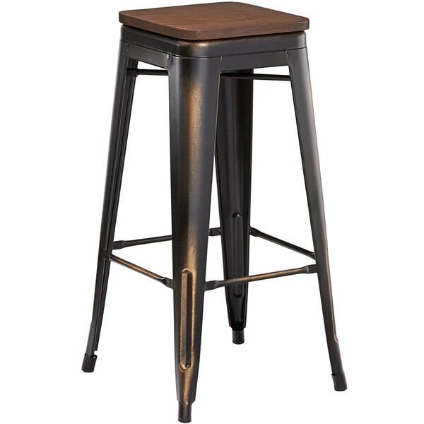 Lancaster Table Seating Alloy Series Distressed Copper Metal Indoor Industrial Cafe Bar Height Stool With Walnut Wood Seat