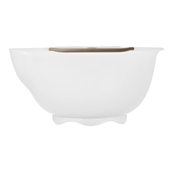 A white plastic colander with a base and a handle, viewed from the side.