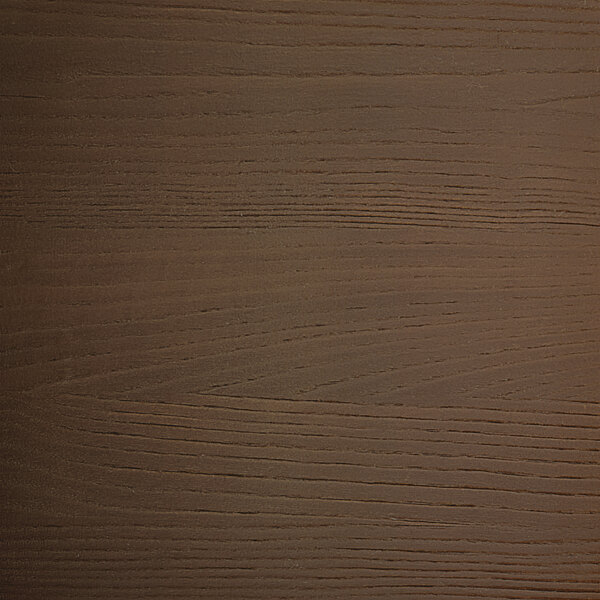 The walnut wood seat of a Lancaster Table & Seating indoor cafe barstool with scratches.