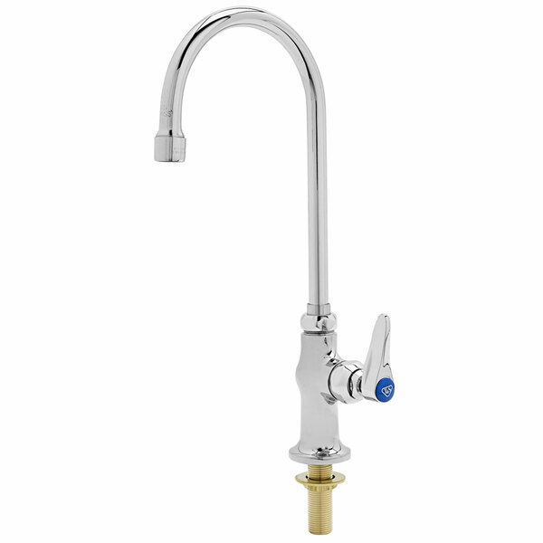 A silver deck mount faucet with a blue knob.
