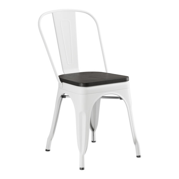 A white Lancaster Table & Seating metal cafe chair with a black wood seat.