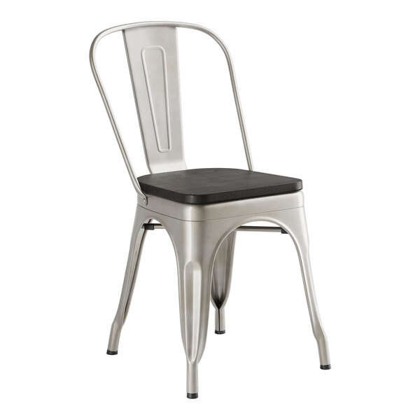 A Lancaster Table & Seating metal chair with a black wood seat.