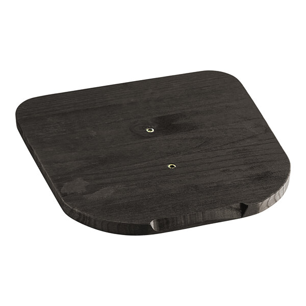 A black square Lancaster Table & Seating cafe chair seat with two holes in it.