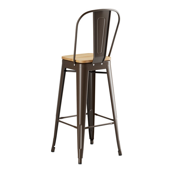 A Lancaster Table & Seating copper barstool with a natural wood seat.