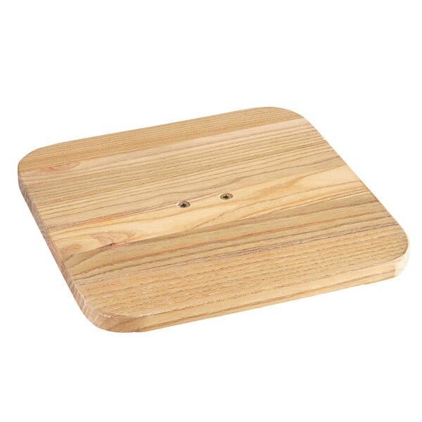 A Lancaster Table & Seating distressed copper barstool with a natural wood seat with holes in it.