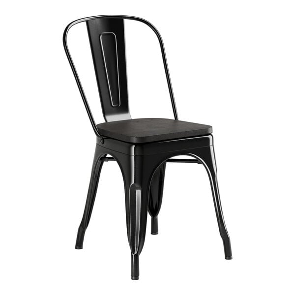 A black Lancaster Table & Seating metal cafe chair with a black wood seat.