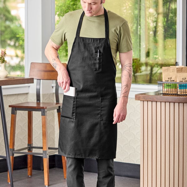 Uncommon Chef 3004 Black Customizable Poly-Cotton Twill Bib Apron with 3 Pockets - 34" x 30"