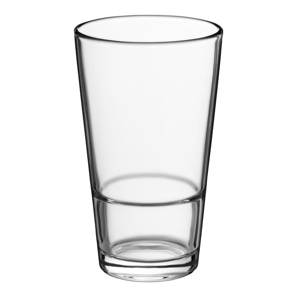 A clear, stackable 16 oz. cooler or mixing glass.