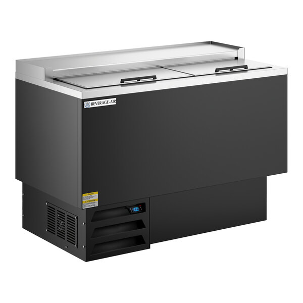 A black 48-inch glass froster and plate chiller with sliding stainless steel lids and a digital temperature display.