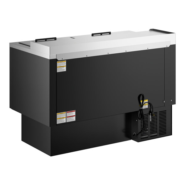 A black glass froster and plate chiller with a stainless steel top and sliding lids.