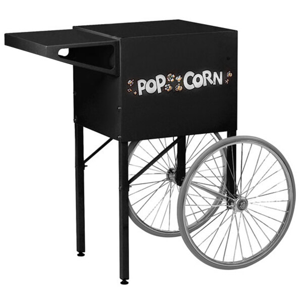 A black Global Solutions popcorn cart with wheels.