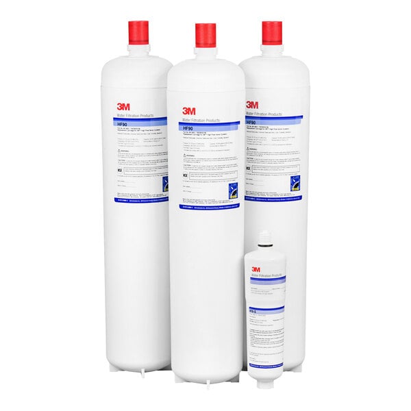 3M Water Filtration Products replacement cartridge kit for DP390 water filtration system with three white cylinders with blue and white text and red caps.