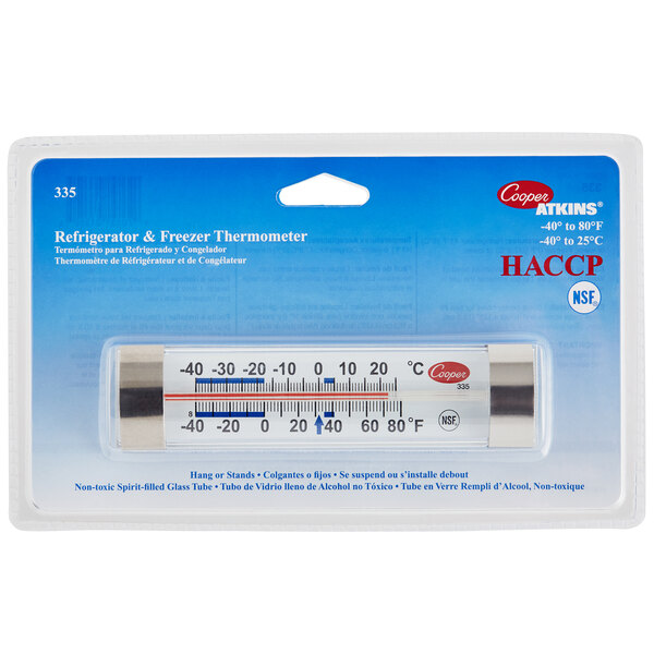 A Cooper-Atkins tube refrigerator/freezer thermometer in a package with a label.