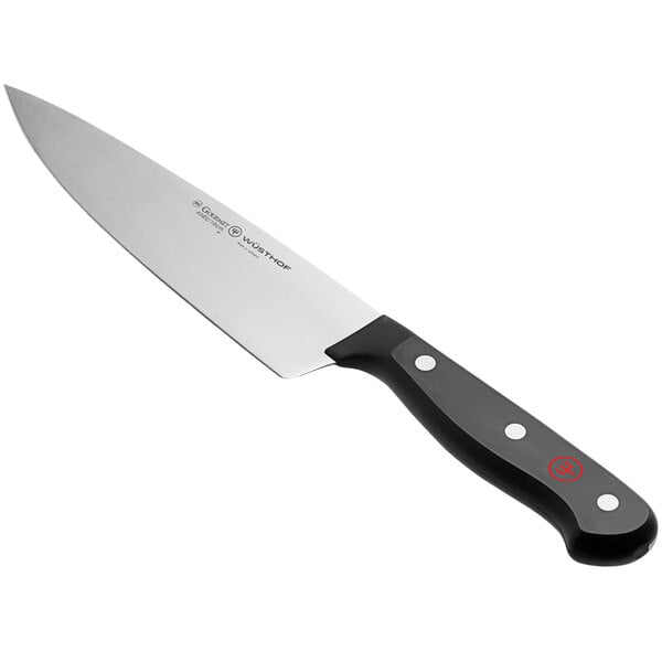 A Wusthof Gourmet cook's knife with a black handle.