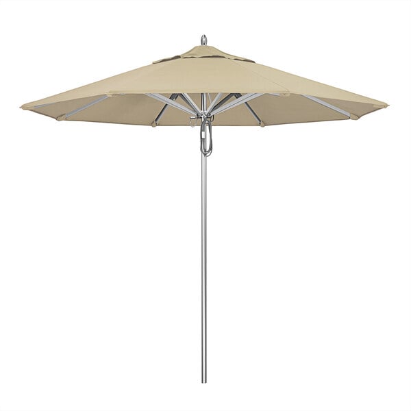 A close-up of a tan California Umbrella with Antique Beige Sunbrella canopy.