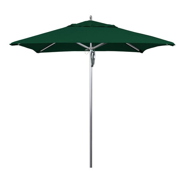 A California Umbrella with a Forest Green Sunbrella canopy on an aluminum pole.