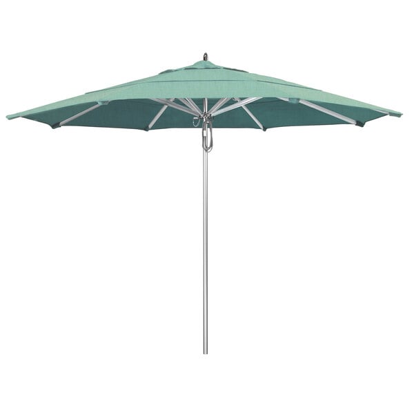 A close-up of a green California Umbrella with a Sunbrella Spectrum Mist canopy.