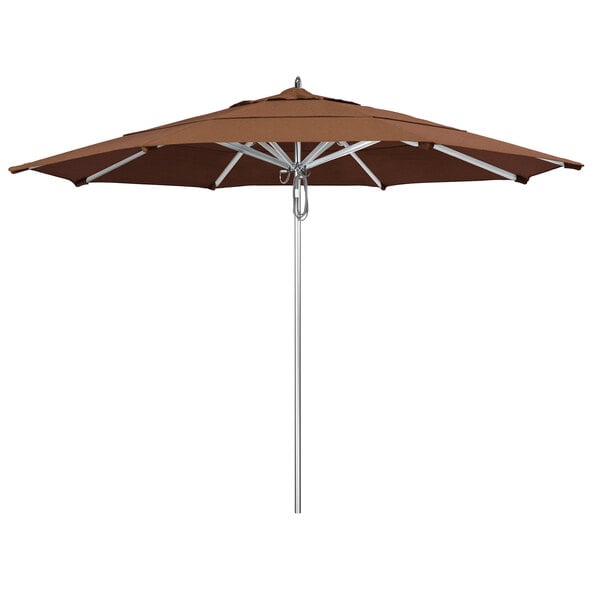 A brown California Umbrella with a metal pole.