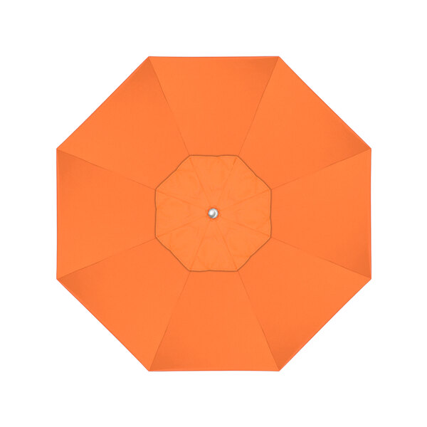 A California Umbrella with a Sunbrella Tuscan canopy on an orange umbrella with a silver button.