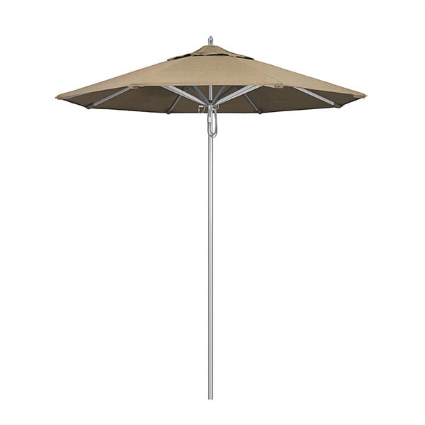 A California Umbrella with a Heather Beige Sunbrella canopy.