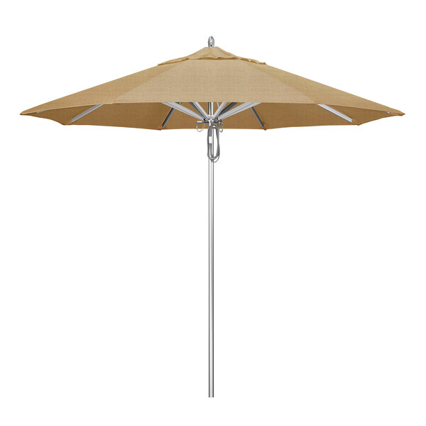 A California Umbrella linen sesame tan umbrella canopy on a metal pole.