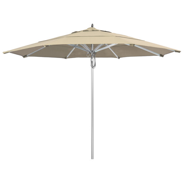 A close-up of a California Umbrella with an Antique Beige Sunbrella canopy.
