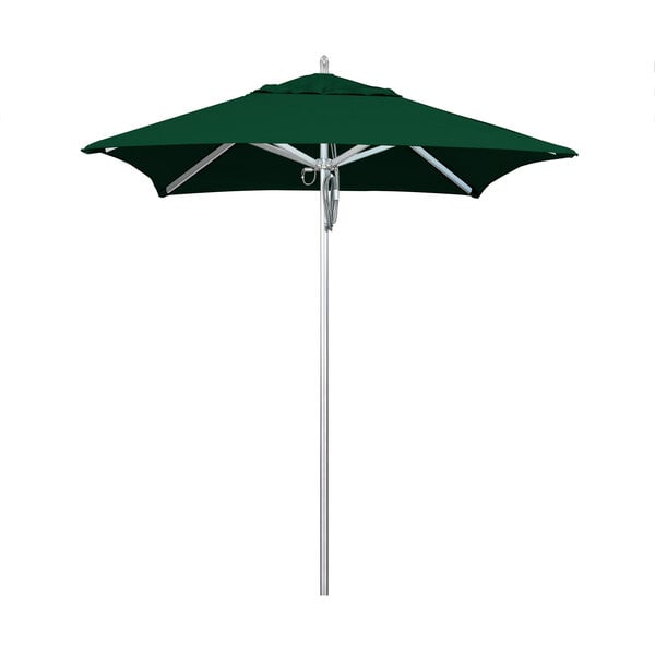 A California Umbrella with a Forest Green Sunbrella canopy on a pole.