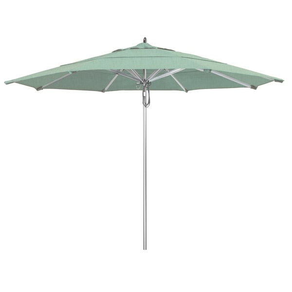 A California Umbrella with green Sunbrella fabric on an aluminum pole.