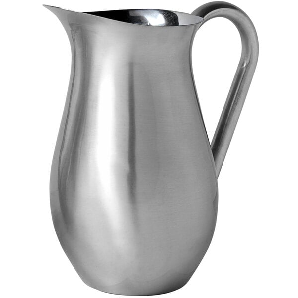 An American Metalcraft stainless steel bell pitcher with a handle.