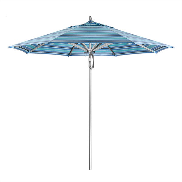 A blue striped California Umbrella on a stand.