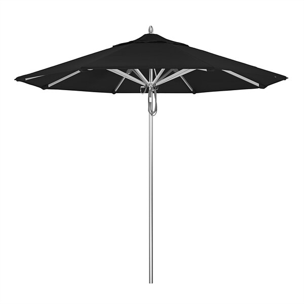 A black California Umbrella with a metal pole.