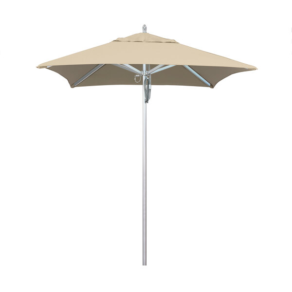 A California Umbrella with Sunbrella Antique Beige canopy on an aluminum pole.